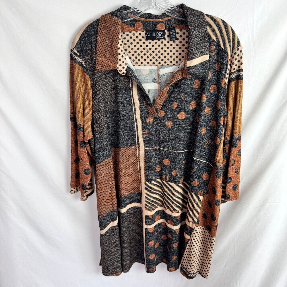 Attitudes by Renee Women's Top Size 2XP 2X Petite Brown/Black Print 3/4 Sleeves